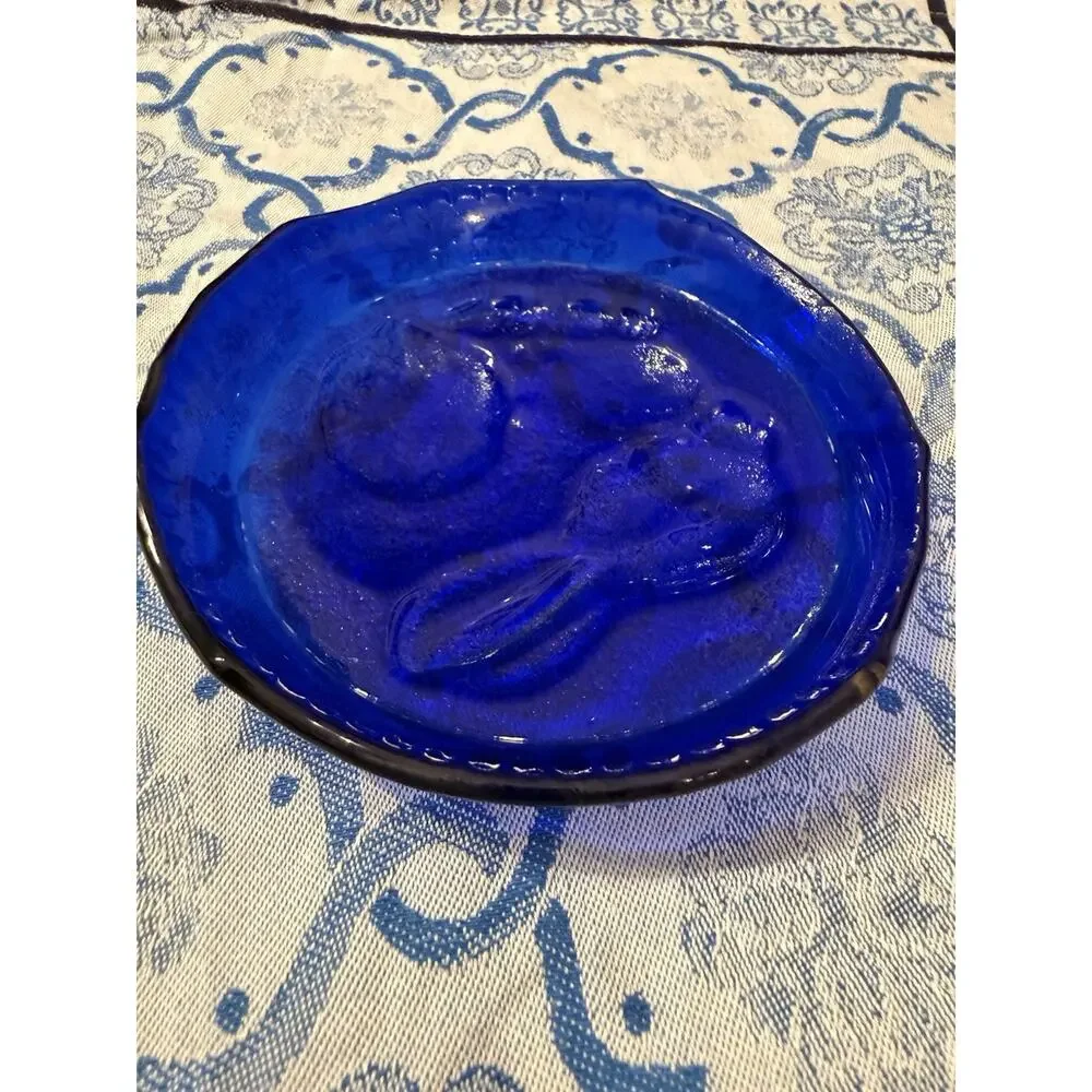 Vintage Cobalt Blue Glass Rabbit Bunny Dish Plate Pressed Glass 4.5”